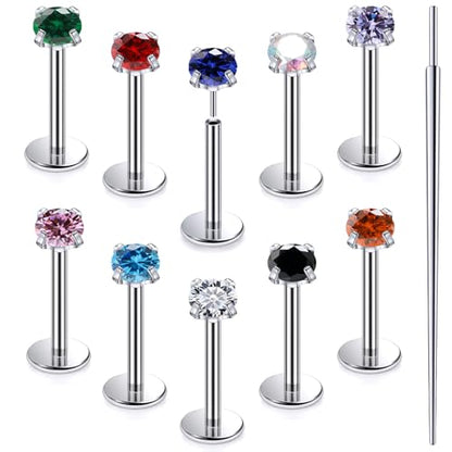 20G 18G 16G Astm F136 Titanium Threadless Flat Back Earrings Nose Studs Tragus Helix Conch Cartilage Lobe Earrings Medusa Labret Snake Bite Monroe Lip Ring Piercing Jewelry For Women Men - size: 20G-6MM Bar-CZ 3MM