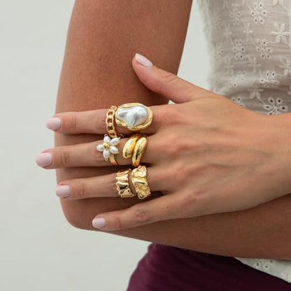 Gold Rings for Women Non Tarnish Boho Stackable Adjustable Open Rings Set Finger Knuckle Stacking Ring Packs Jewelry Gift - color: Gold Flower Chunky Rings 6Pcs