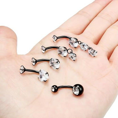 Vsnnsns 14G Dangle Belly Button Ring Piercing Jewelry 316L Stainless Surgical Steel Round Heart Cubic Zirconia Navel Rings Dangling Belly Button Ring Piercing Jewelry for Women 14 Gauge Hypoallergenic - color: Black-12MM Bar-Clear CZ