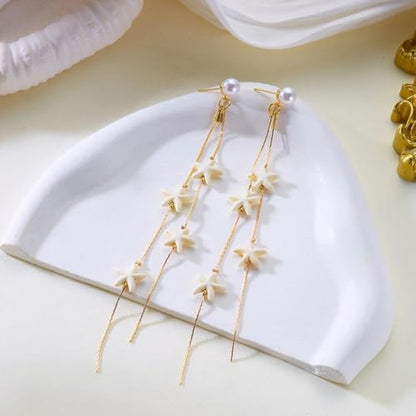 Boho Ocean Shell Starfish Beaded Long Drop Earrings for Women,Tropical Faux Pearl Tassel Dangle Statement Earrings Beach Vacation Fashion Jewelry