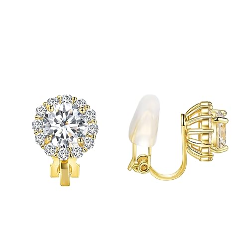 Clip on Earrings Women, 14K Gold Hoop Clip-On Earrings for Women, Hypoallergenic Non Pierced Croissant Earrings - color: Gold Cubic Zirconia