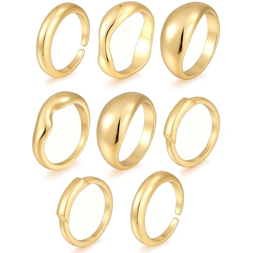 17 MILE Chunky Gold Stackable Rings for Women Non Tarnish, 18K Gold-Plated Statement Open Stacking Rings, Knuckle Band Ring Set - color: Gold 8 Pcs