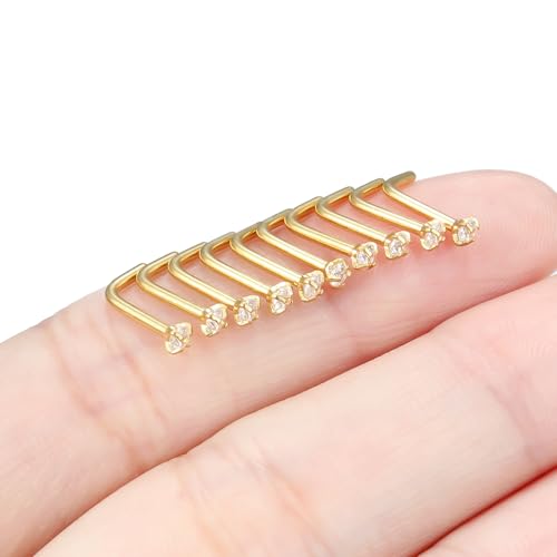 Nose Studs Surgical Steel Nose Rings Studs with Cubic Zirconia 10Pcs Tiny Nostril Rings for Women Screw Bone and L-Shaped Nostril Piercing Jewelry 24G 22G 20G 18G - color: goldtone,L shaped nose studs, size: 18g,2.0mm Clear CZ