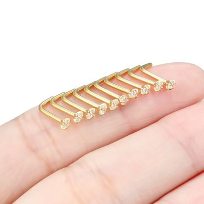 Nose Studs Surgical Steel Nose Rings Studs with Cubic Zirconia 10Pcs Tiny Nostril Rings for Women Screw Bone and L-Shaped Nostril Piercing Jewelry 24G 22G 20G 18G - color: goldtone,L shaped nose studs, size: 18g,2.0mm Clear CZ
