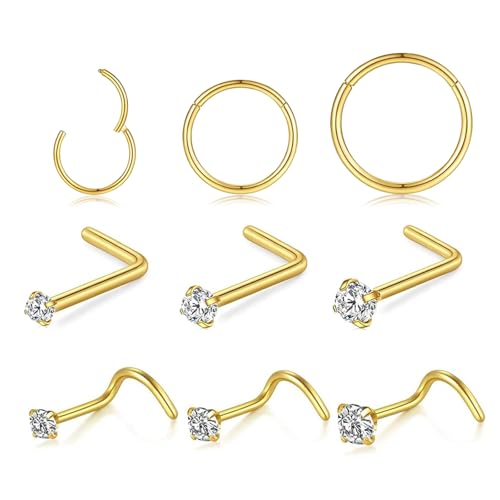 15PCS 14K Gold Plated Nose Rings Studs Set for New Piercing Beginners - color: Gold-18g 9pcs Hoops and Stud set