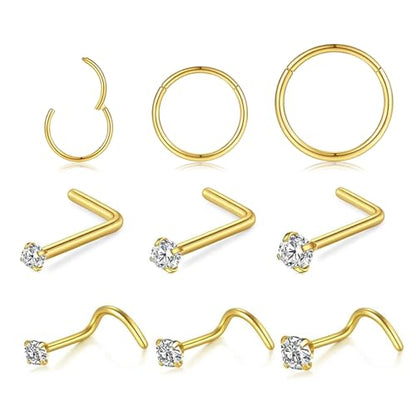 15PCS 14K Gold Plated Nose Rings Studs Set for New Piercing Beginners - color: Gold-18g 9pcs Hoops and Stud set