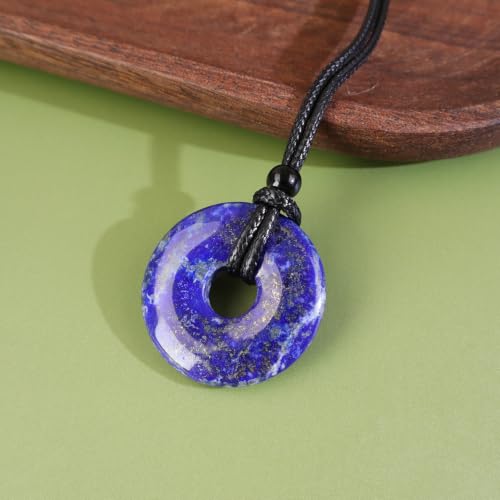 Anjiucc Natural Gemstone Pendant Necklce Lucky Coin Crystal Necklace Donut Pendnat with Adjustable Rope Healing Crystal for Men - color: Lapis Lazuli