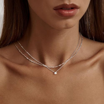 Dainty Sterling Silver Plated Diamond Choker Necklace for Women | Layered Created Diamond Pendent Necklace Set Non Tarnish, Stackable Cuban Chain Choker Jewelry - color: Silver-01