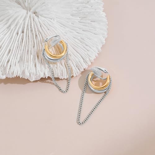 Gold Silver Trendy Clip On Dangle Earrings for Women | Clip On Drop Earrings, Tassel Chain Hoop Earrings, Non Piercing, Fashion Jewelry Gifts - color: A Clip-Two Tone