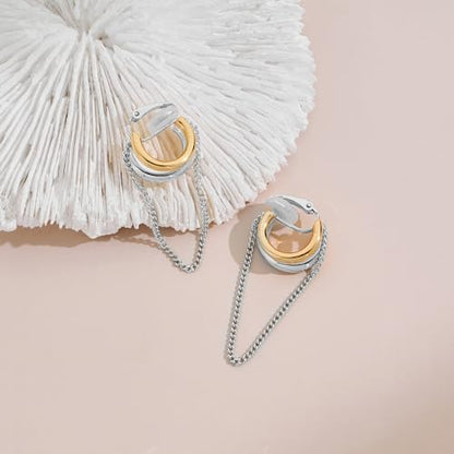 Gold Silver Trendy Clip On Dangle Earrings for Women | Clip On Drop Earrings, Tassel Chain Hoop Earrings, Non Piercing, Fashion Jewelry Gifts - color: A Clip-Two Tone