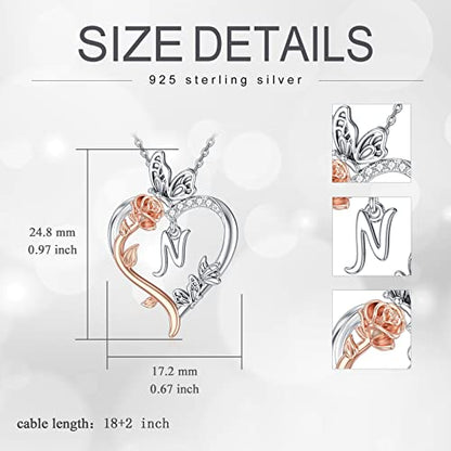 TOUPOP Gifts for Women Her 925 Sterling Silver Rose Heart Initial Necklace Butterfly Heart Jewelry Anniversary Birthday Gifts for Wife Girlfriend Mom - color: N Initial