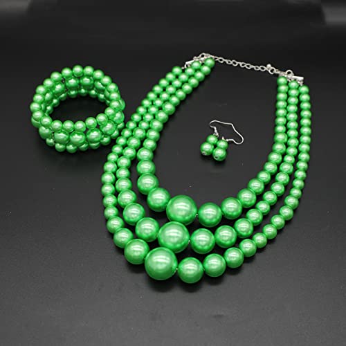 Big Chunky Pearl Necklace and Earrings Set Large Costume 1920s Faux Pearls Gatsby Accessories - color: A-Green