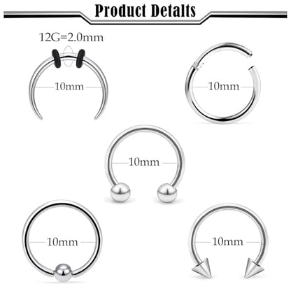 Septum Rings 16G 14G 12G 10G 8G 6G 4G 2G Surgical Steel Septum Stretching Kit Septum Pincher Tapers Gauge Kit Nose Ring Hoop Horseshoe Helix Tragus Daith Rook Piercing Jewelry for Women Men - style: 12G(2.0mm)-Inner Dia:10mm