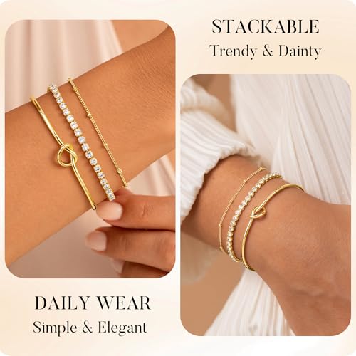Turandoss Gold Bracelets for Women - Dainty 14K Gold Plated Tennis Bracelet | Stackable Cross Beaded Set, Twisted Rope Chain, Snake Paperclip Chain, Knot Cuff Bracelets for Women, Jewelry Gifts - color: Knot Tennis Set