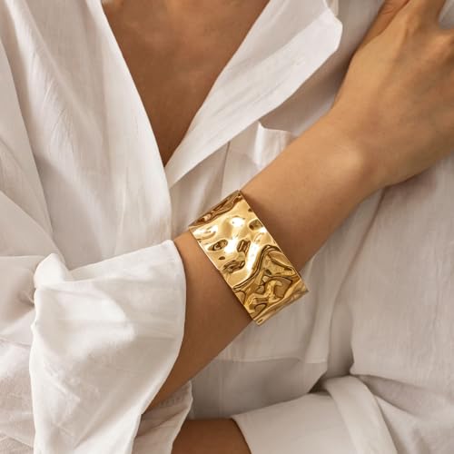 Chunky Cuff Bracelets for Women Wide Gold/Silver Cuffs Bangle Hollow Out Adjustable Bracelets Punk Vintage Jewelry - style: V-Gold A