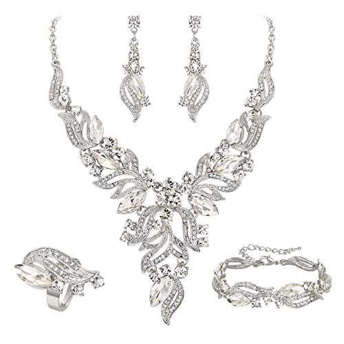 EVER FAITH Bridal Wedding Marquise Crystal Leaf Cluster Statement Y-Shaped Necklace Earrings Bracelet Ring Set for Prom - color: Clear Silver-Tone