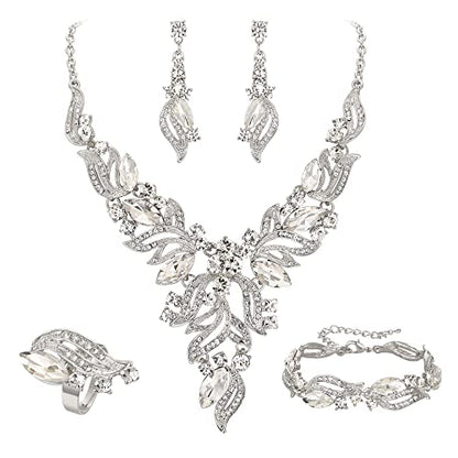 EVER FAITH Bridal Wedding Marquise Crystal Leaf Cluster Statement Y-Shaped Necklace Earrings Bracelet Ring Set for Prom - color: Clear Silver-Tone