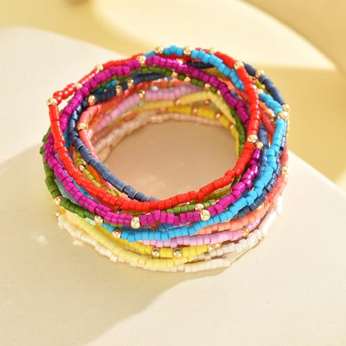 Cute Handmade Colorful Tiny Seed Beads Stackable Bracelets Set Bohemian Gold Beaded Elastic Multilayered Stretch Bracelet for Women Rainbow Surfer Boho Beach Jewelry - style: Set A