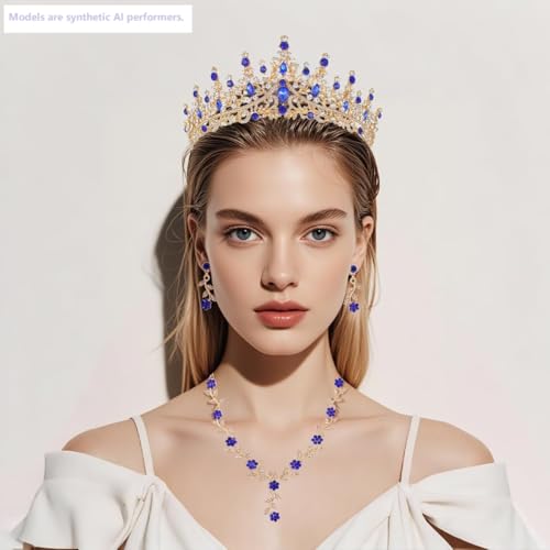 Kamirola Tiaras and Crowns for Women,Tiaras Earrings Necklace, Crystal Bridal Jewelry Set (TR48) - color: Gold Blue