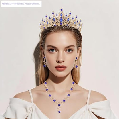 Kamirola Tiaras and Crowns for Women,Tiaras Earrings Necklace, Crystal Bridal Jewelry Set (TR48) - color: Gold Blue