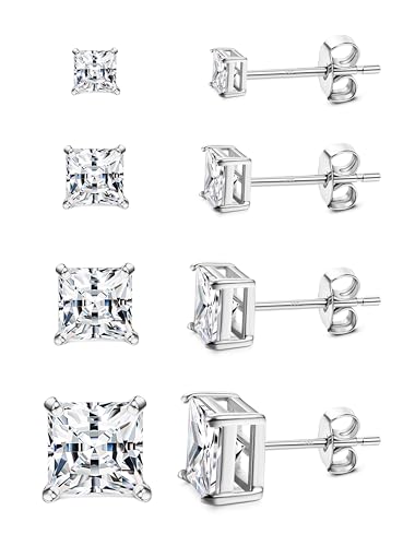 MILACOLATO S925 Sterling Silver Stud Earrings for Women Men Hypoallergenic 18K Gold Plated Cubic Zirconia Earrings Studs Brilliant Simulated Diamond Halo Earring for Sensitive Ears - style: 18K White Gold Plated - Square CZ
