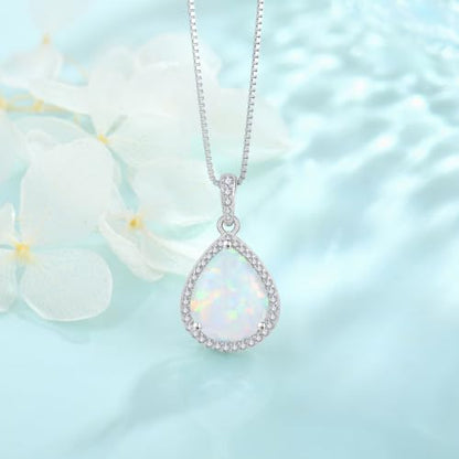 FJ Teardrop Pendant Necklace 925 Sterling Silver Birthstone Jewelry for Women - color: 10 October-Opal