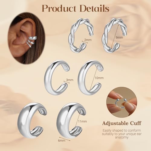 Ear Cuff Earrings for Women Non Piercing Helix Cartilage Clip on Ear Cuffs 14K Gold Plated & Sterling Silver Stainless Steel Hypoallergenic Huggie Hoop Fake Earring Set Jewelry Gift - color: K2-Chunky Hoop Set Silver