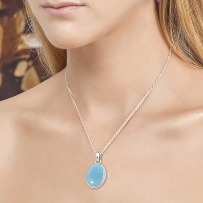 Chunky Natural Gemstone Pendant Necklace For Women Onyx, Turquoise, Amber, Garnet Oval Boho Genuine 925 Sterling Silver Handmade Jewelry - color: Blue Chalcedony