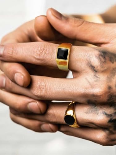 KeyStyle Square Gemstone Signet Rings for Men, Personalized Stainless Steel Pinky Ring with Black Onxy Blue Topaz Birthstone Statement Ring - color: Gold -Black Onyx - 8mm