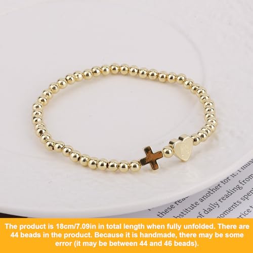Mikovivi Women's Cross Bracelet with Initial Beads, Elastic Heart Alphabet Charm Stackable Beaded Bracelet Religious Christian Jewelry Gift - style: Letter N