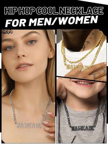 GoldChic JEWELRY Name Necklace Personalized for Men, Womens Custom Name Plate Chain, Stainless Steel Customized Old English Nameplate Choker with Curb Chains Custom, 16 inches to 30 inches - color: Figaro Chain 6 mm -Black