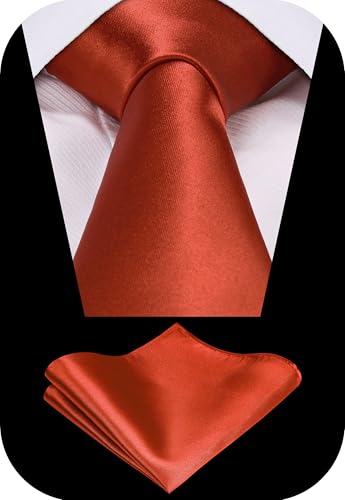 TIE G Solid Satin Woven dyed Color Formal Black Necktie and Pocket Square Sets in Gift Box - color: Burnt Orange