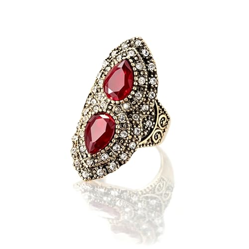 Vintage Two Stone Crystal Ring, Antique Gold Plated, Teardrop Gem Statement Ring, Bohemian Turkish Style Jewelry for Women - color: Ring_A red