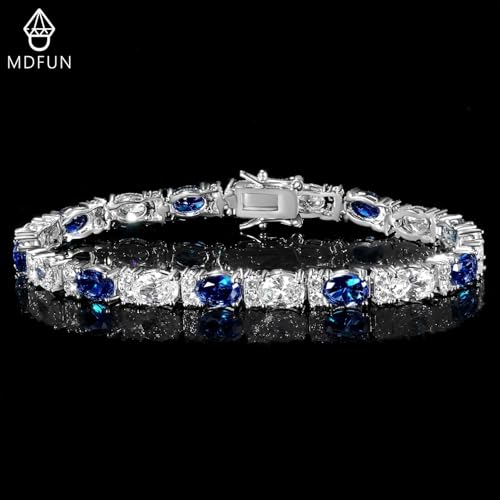 MDFUN 18K White/Yellow Gold Plated Green/Blue 5 * 7MM Oval 5A+ Cubic Zirconia Tennis Bracelet for Women Birthstone Jewelry Gift 6.5-8.5 inch - color: 18K White Gold -Blue