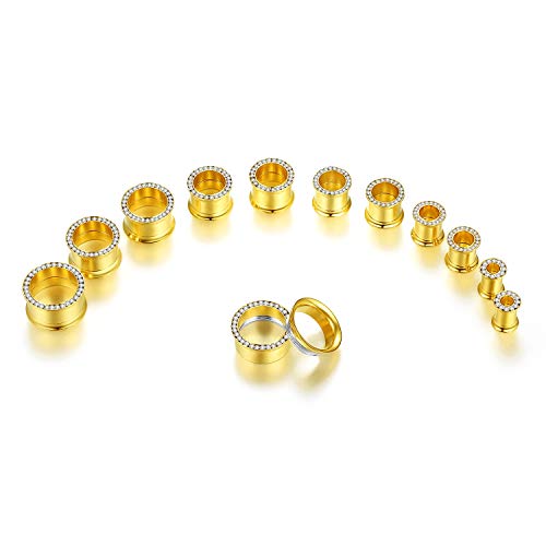 WBRWP 2pcs Hollow Gold Stainless Steel with Zircon Ear Plugs Tunnels - Ear Expander - Ear Gauges Stretcher Body Piercing Jewelry 8g-5/8 - color: Gold with CZ