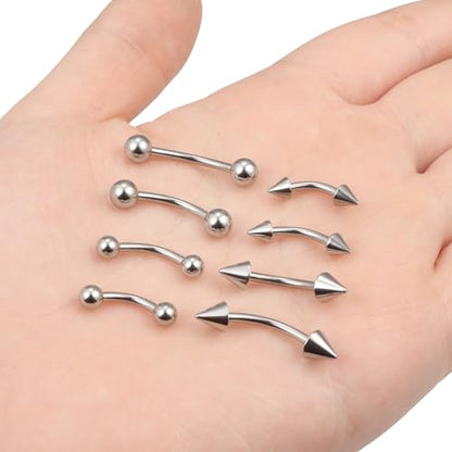 Lcolyoli 14G Snake Eyes Piercing Jewelry Tongue Curved Barbell Surgical Steel Small Belly Button Ring Eyebrow Piercing Jewelry Vertical Labret Lip Jewelry for Women Men Bar Length 8mm 10mm 12mm 14mm - color: silvertone,14g