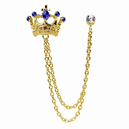 Crystal Crown Hanging Chain Brooch Suit Pin,Vintage Gold Crown Brooch,Suit Stud,Shirt Studs,Lapel Pin Accessories for Men Women - color: Gold Blue