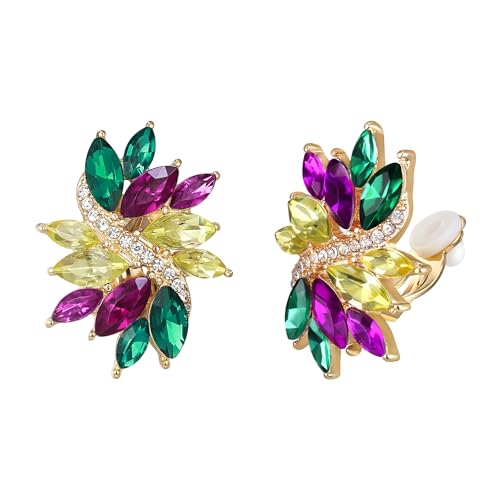 Flyonce Rhinestone Clip On Stud Earrings for Women, Glitter Marquise Crystal Wedding Party Vintage Statement Non Pierced Earring for Brides Bridal Cocktail Prom Jewelry Silver-Tone - color: Mardi Gras