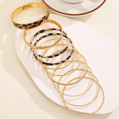Gold Bangle Bracelets for Women, 14k Gold Plated Multi Layer Textured Stackable Open Bracelet Set Boho Indian Bangles Stackable Set Trendy Elegance Charms Non Tarnish Minimalist Bangle Pack - style: Leopard 10Pcs