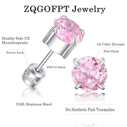 Titanium Flat Back Surgical Stainless Steel Stud Earrings for Women Men,Birthstone Stud Earrings Hypoallergenic Double Side 5A Cubic Zirconia Studs Jewelry 6mm - color: October (Tourmaline)