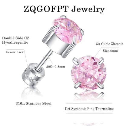 Titanium Flat Back Surgical Stainless Steel Stud Earrings for Women Men,Birthstone Stud Earrings Hypoallergenic Double Side 5A Cubic Zirconia Studs Jewelry 6mm - color: October (Tourmaline)