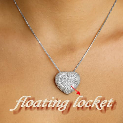 Chuncky Cz Pave Heart Pendant Necklace for Women, Silver | Sparkling Full Pavé Rhinestone, Love Gift for Mom Girlfriend, Floating Heart Necklace, Elegant Chunky Jewelry