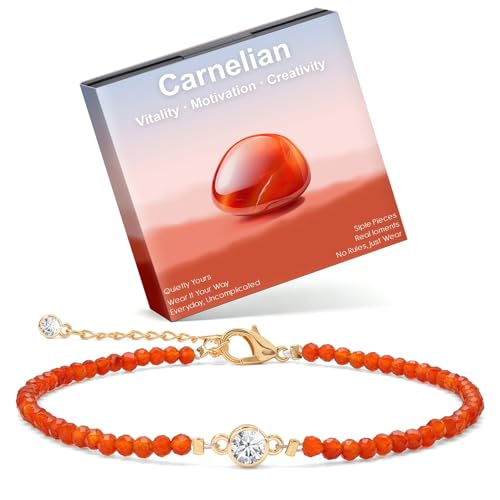 Raicegs Anklets for Women Handmade Beach Boho Ankle Bracelet 3mm Natural Stone Beaded Ankle Bracelet 14K Gold Plated Zircon Pendant Adjustable Crystal Gemstone Anklet Jewelry Gift for Her - color: Carnelian