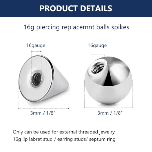 80pcs 16G/14G 316L Surgical Steel Piercing Balls Spikes for Externally Threaded Piercing Jewelry Men Women Piercing Barbell Parts for Eyebrow Nose Ear Lip Tongue Nipple Navel Belly Body Jewelry - size: 16G-3mm