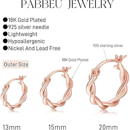 PABBEU 925 Sterling Silver Small Hoop Earrings Set for Women Hypoallergenic | 3Pairs Cubic Zirconia Small Huggie Hoop Earrings Set 13/15/20mm,Nickel-Free Lightweight Comfortable Sleeper Earrings Gift Set - color: 13/15/20mm M Rose Gold