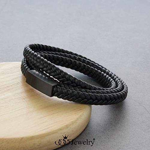 555Jewelry Stainless Steel Braided Double Wrap Leather Twist Rope Chain Cord Adjustable Magnetic Clasp Simple Men Women Unisex Fashion Jewelry Accessory Bangle Bracelet, Black & Black 9 Inch