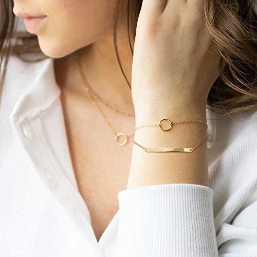Dainty Gold Bracelets for Women, 14K Gold Plated Adjustable Layered Beads Bracelet Cute Evil Eye Oval Chain Pearl Bar Turtle Gold Bracelets for Women Jewelry - style: Circle&Bar