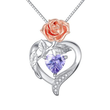 TOUPOP Birth Flower Necklace 925 Sterling Silver Heart Birthstone Pendant Necklaces Birth Month Floral Jewelry Birthday Valentines Day Mothers Day Gifts for Women Wife Mom - style: 6-June-Rose