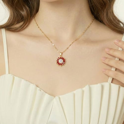Sunflower Fidget Necklace for Women Gold Moon Necklace Rotating Heart Necklaces Spinning Crystal Flower Anxiety Necklaces Crescent Moons Jewelry Accessories - color: Gold Red