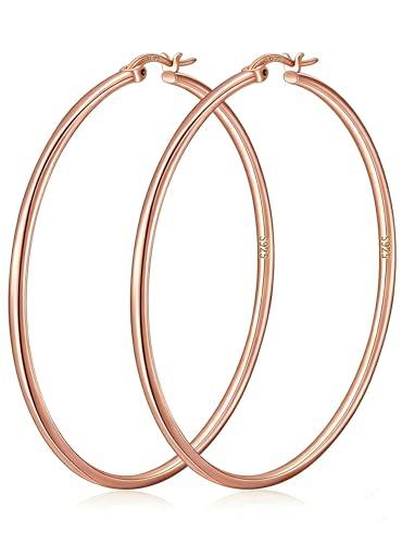 2mm Thin 14K Gold Plated Large S925 Sterling Silver Hoop Earrings for Women Hypoallergenic Big Hoop Non Tarnish Earrings Lightweight 20/30/40/50/60/70mm - color: Rose Gold-50mm